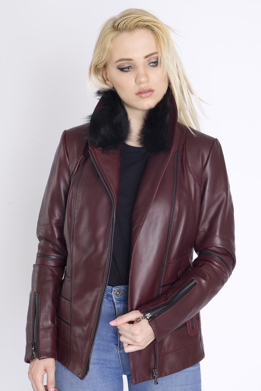 Gerçek kürklü Kadın Deri Mont