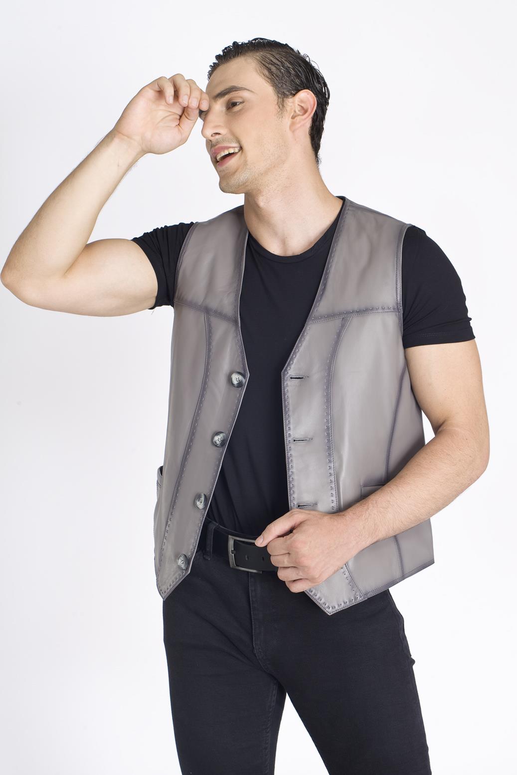 Gri Gerçek Deri Yelek