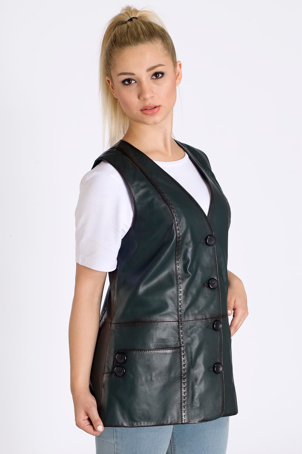 Kadın Uzun Yeşil Deri Yelek