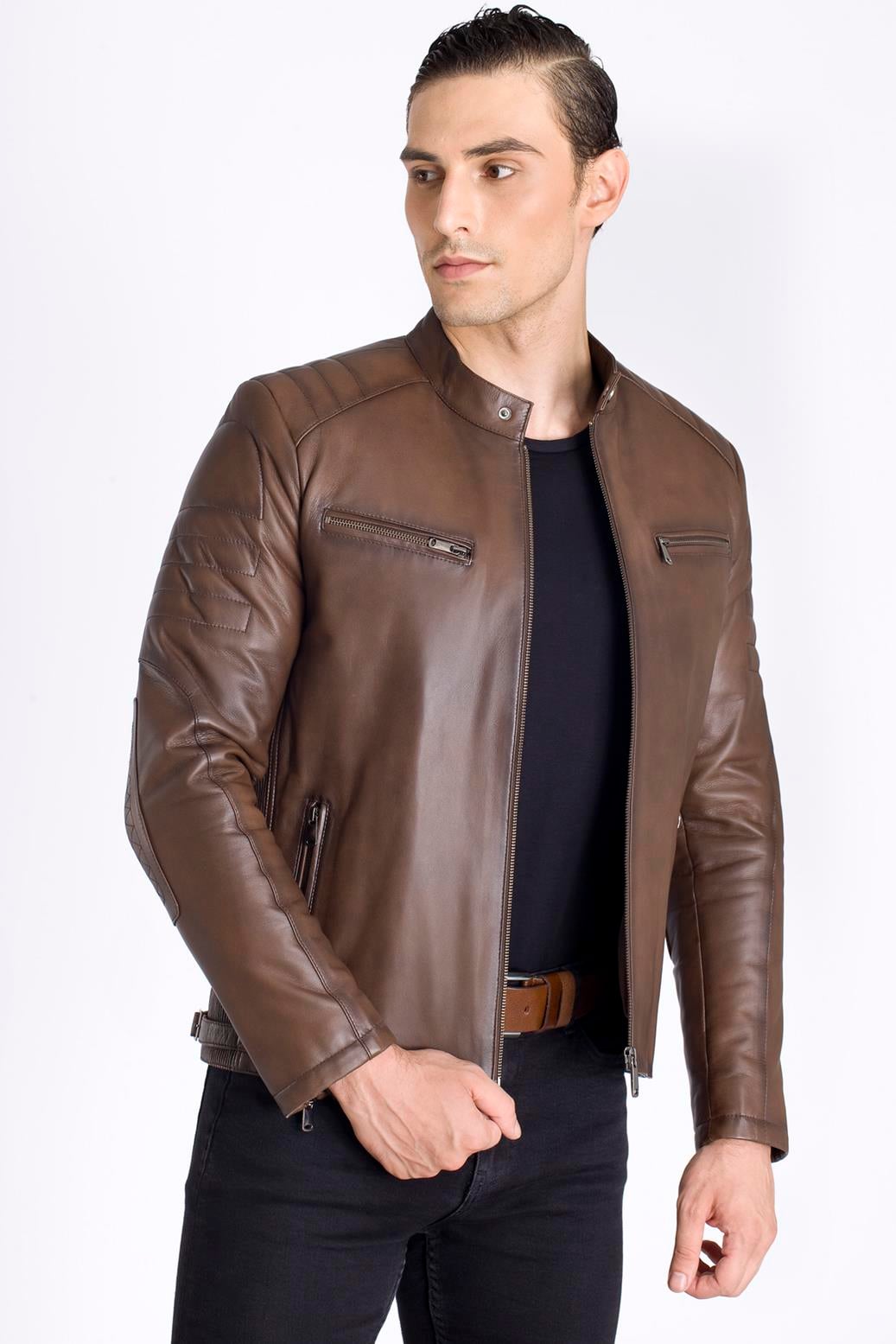 Kahve Slim Fit Gerçek Deri Mont