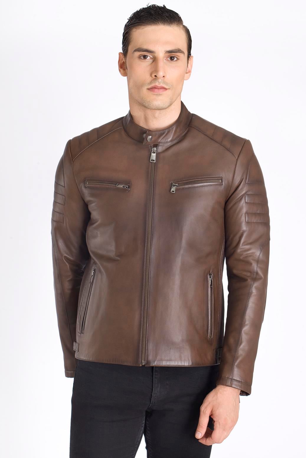 Kahve Slim Fit Gerçek Deri Mont