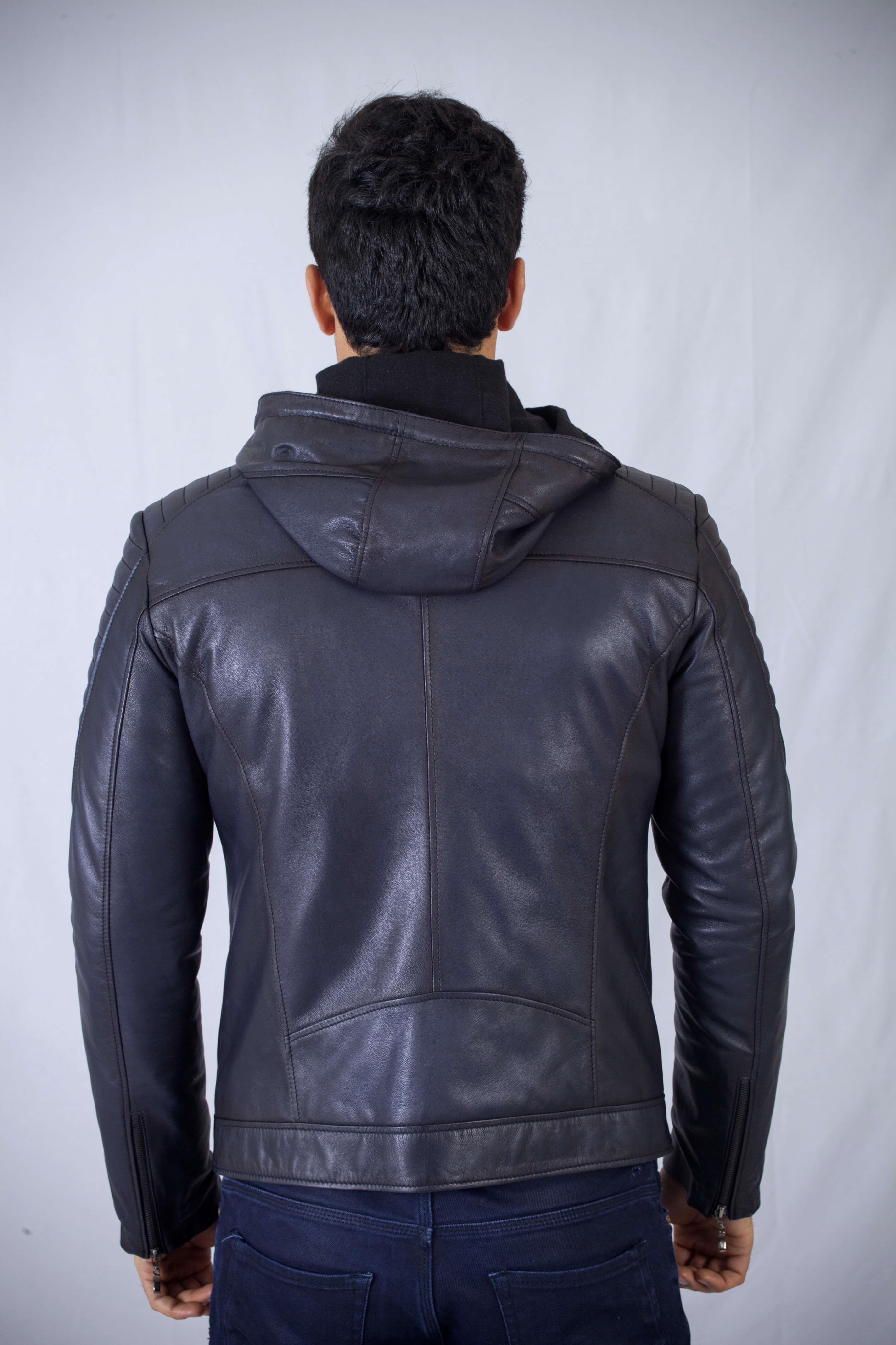 Kapşonlu Lacivert Kışlık Kuzu Deri Mont