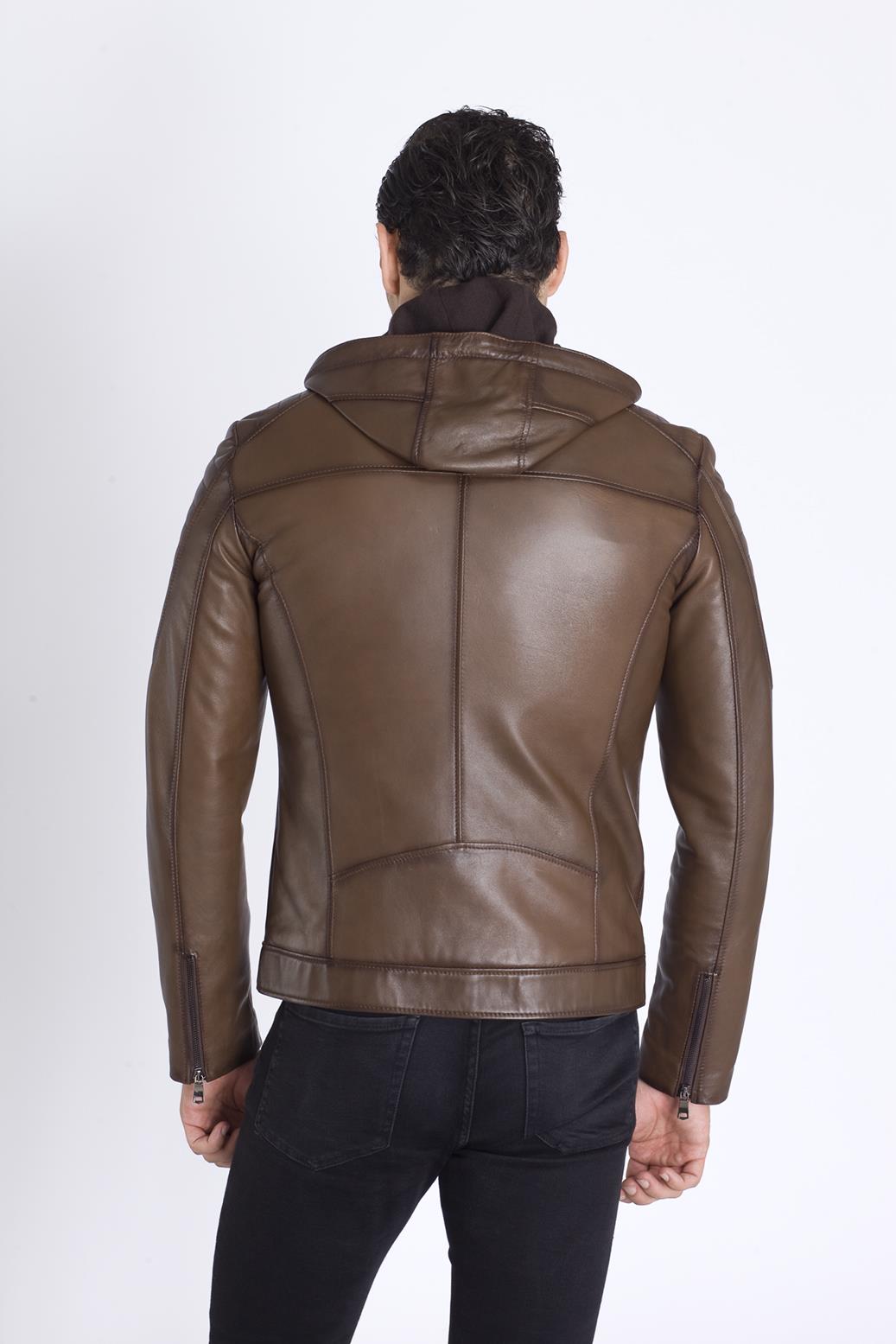 Kapşonlu Slim Fit Kışlık Hakiki Deri Mont