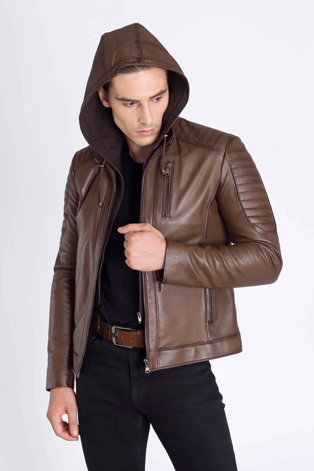 Kapşonlu Slim Fit Kışlık Hakiki Deri Mont