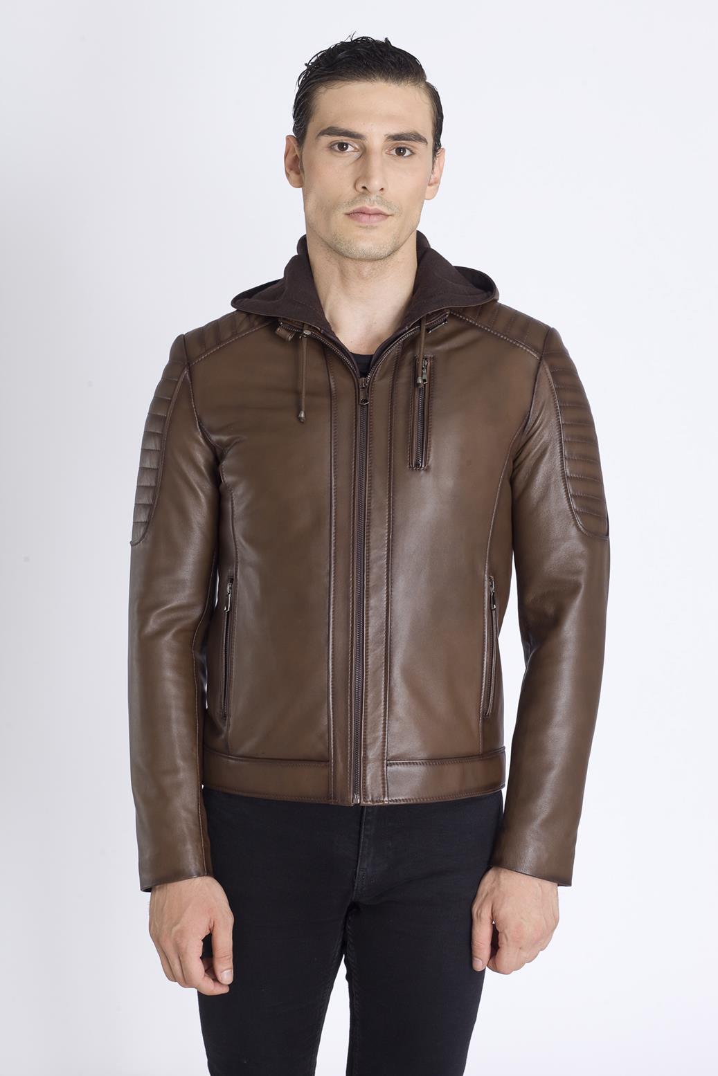 Kapşonlu Slim Fit Kışlık Hakiki Deri Mont