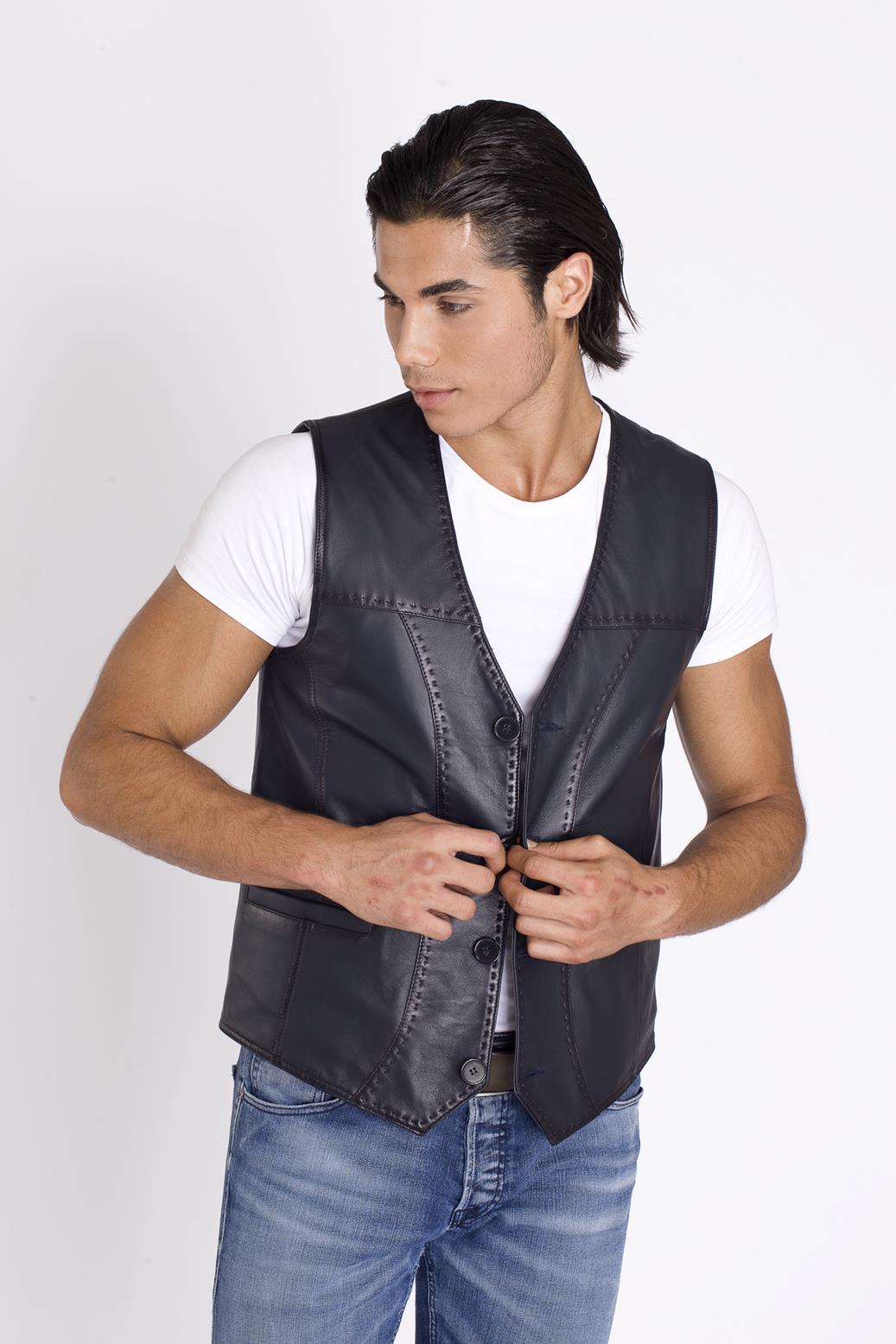 Lacivert Hakiki Deri Yelek