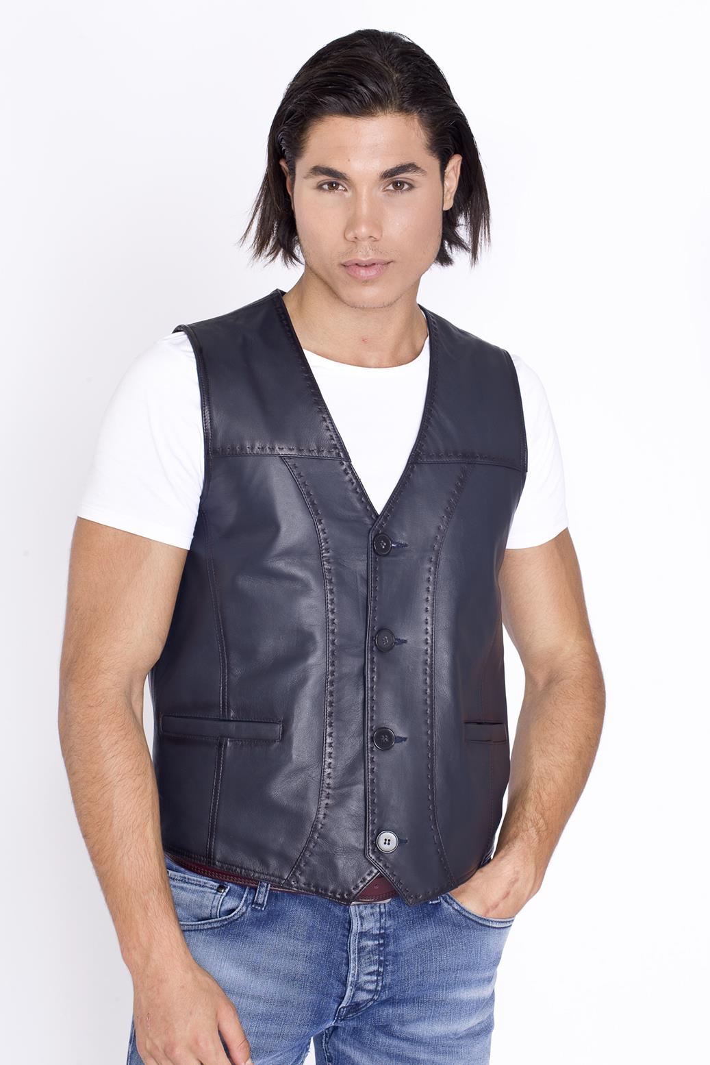 Lacivert Hakiki Deri Yelek