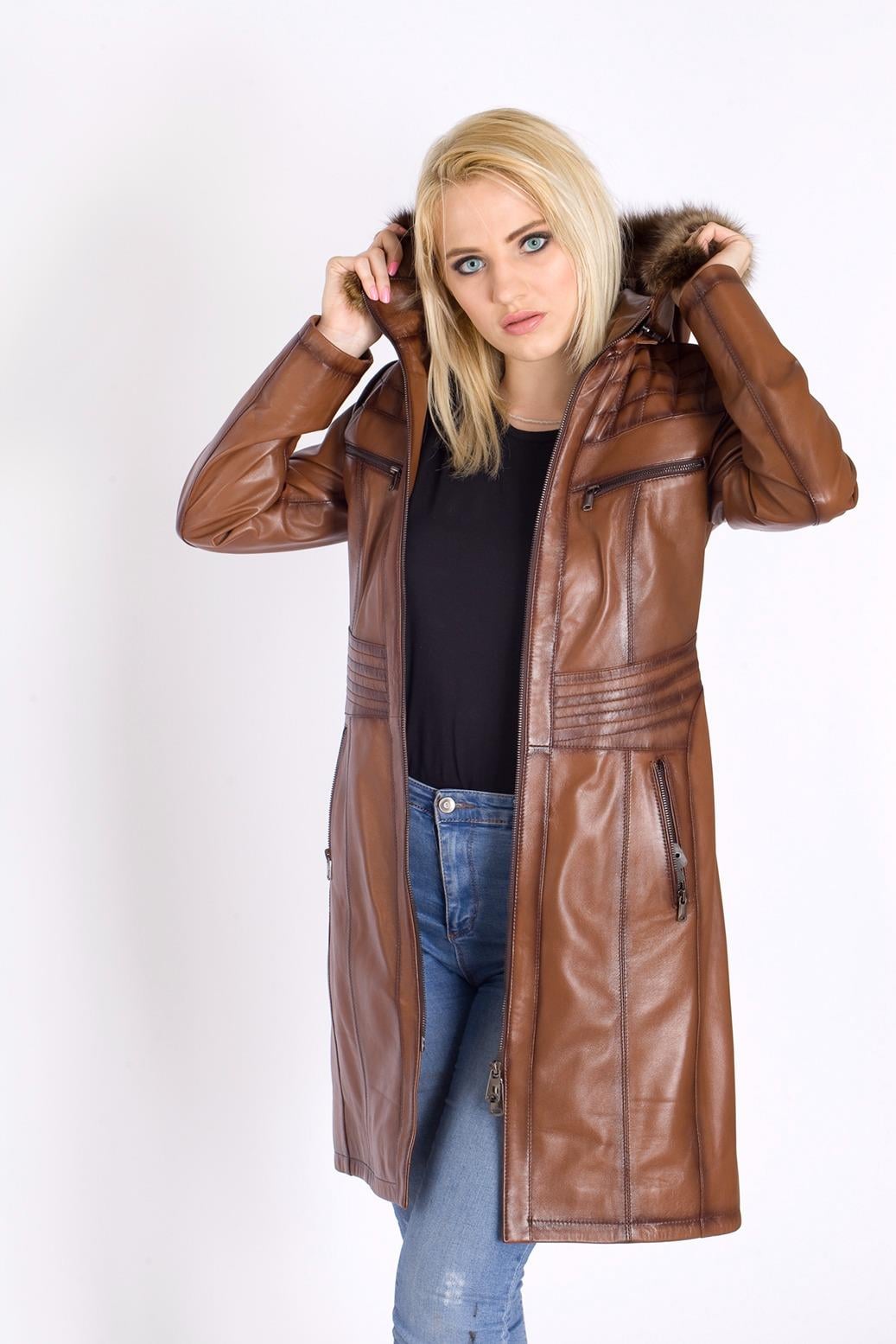 Şahin Deri Bayan Uzun Deri Mont