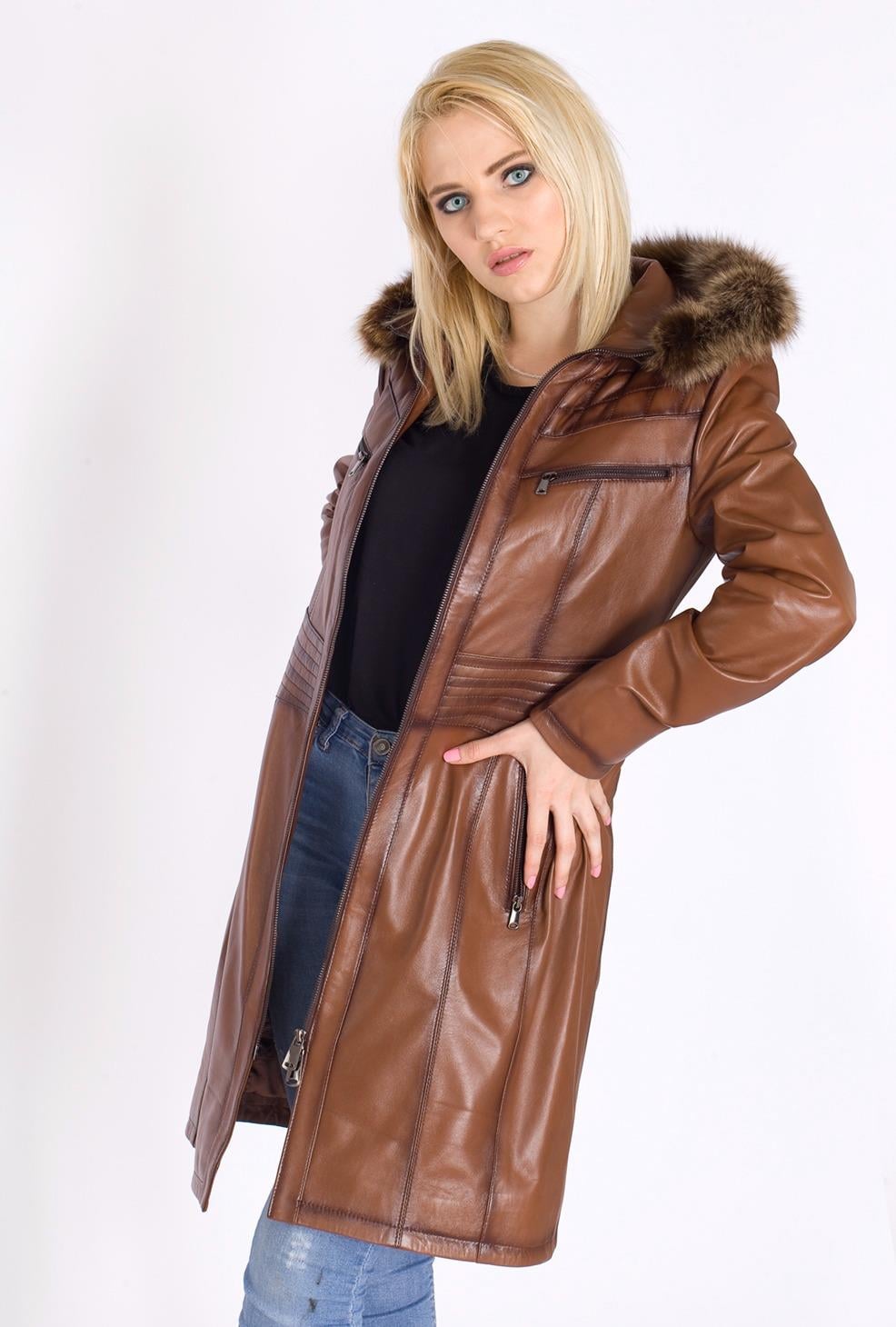 Şahin Deri Bayan Uzun Deri Mont