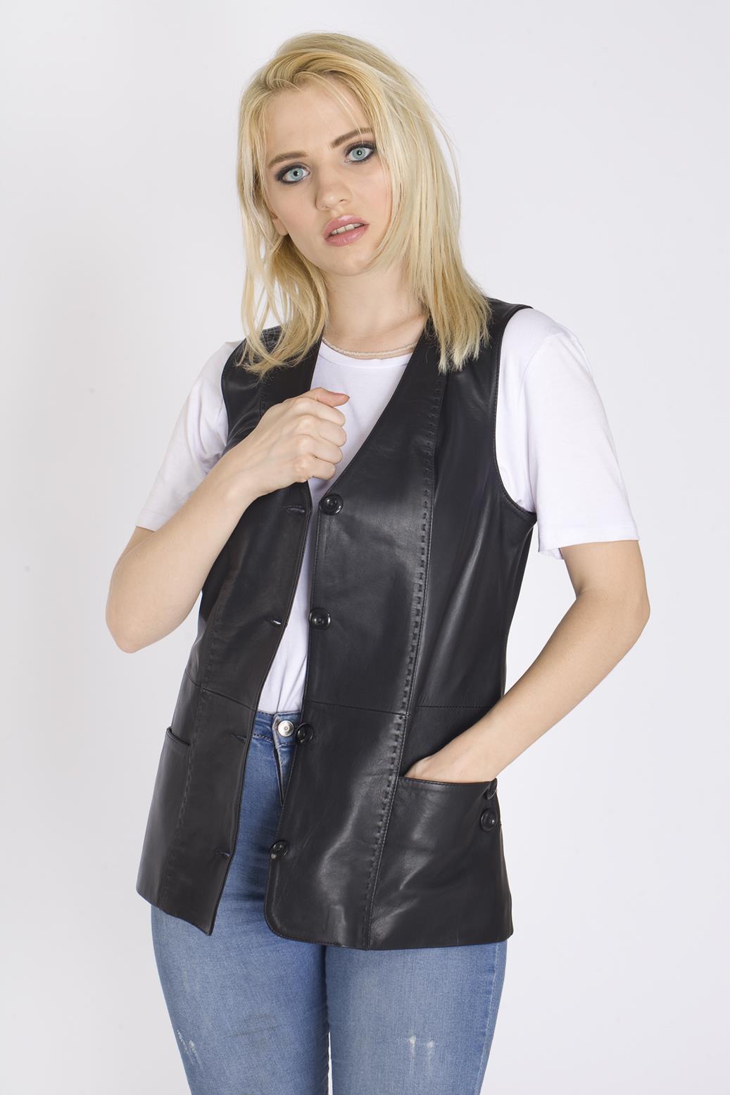 Siyah Kadın Deri Yelek