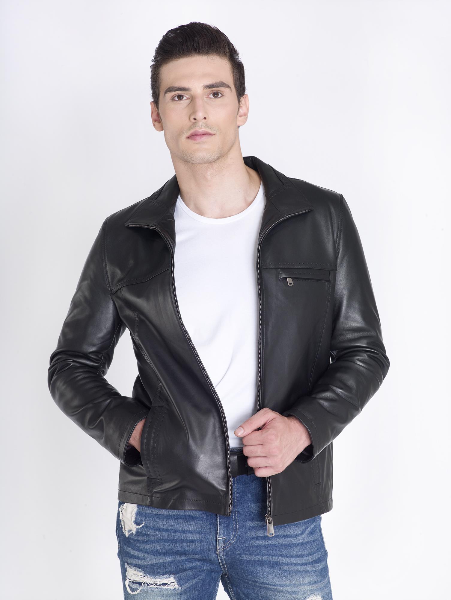 Siyah Klasik Gerçek Deri Mont