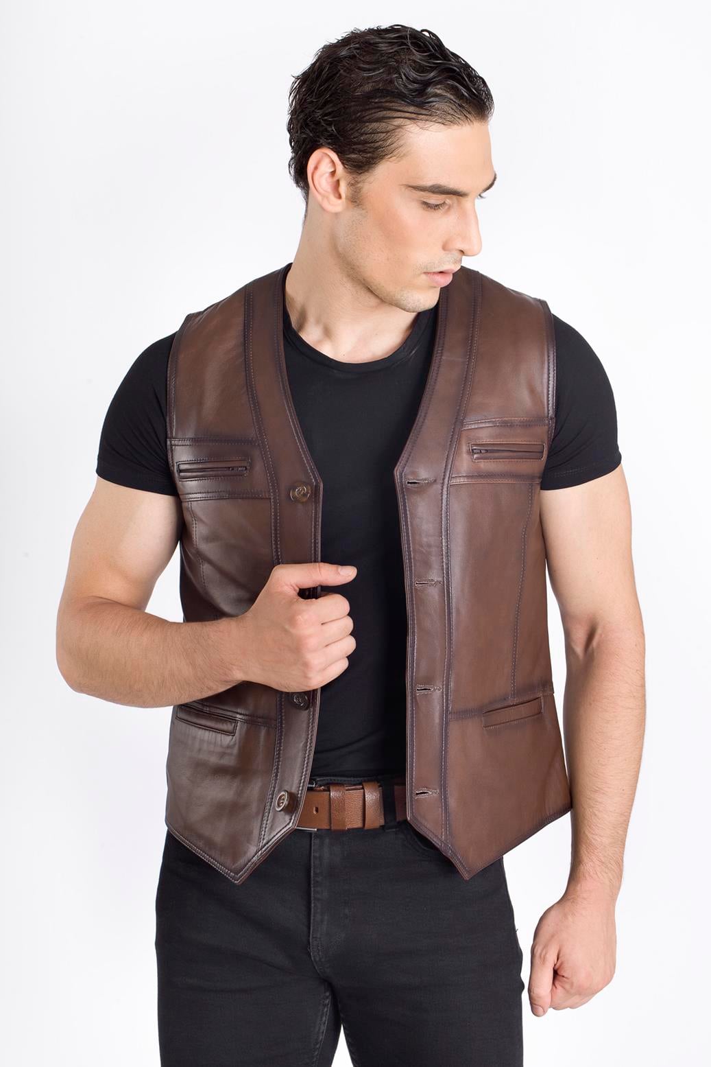 Slim Fit Deri Yelek