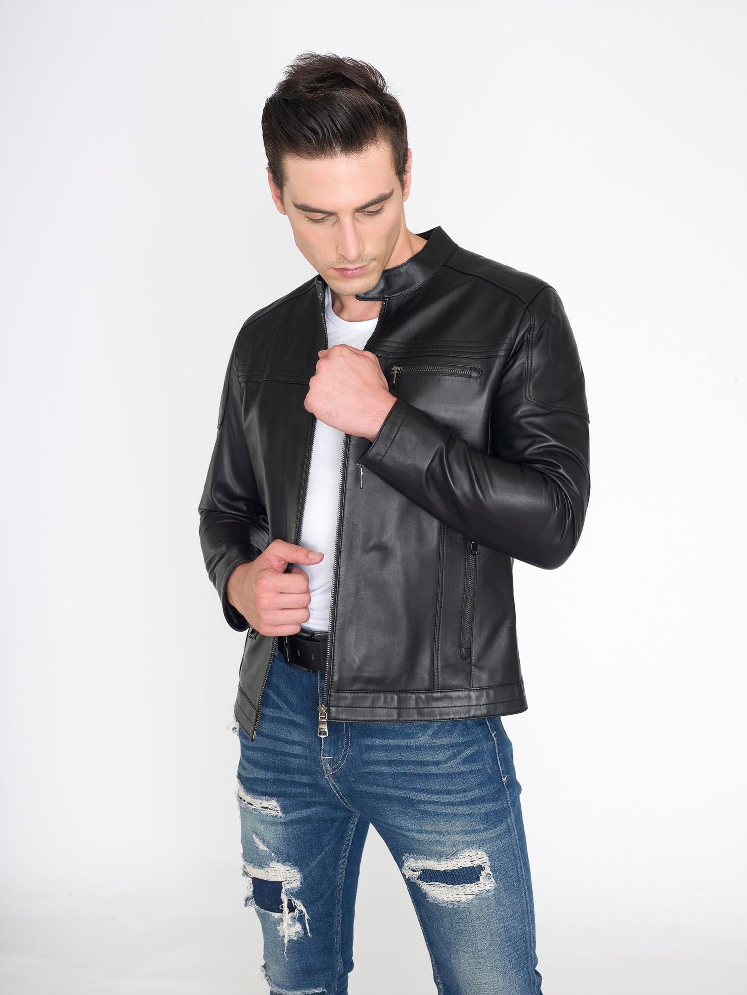 Slim Fit Dik Yaka Gerçek Deri Mont