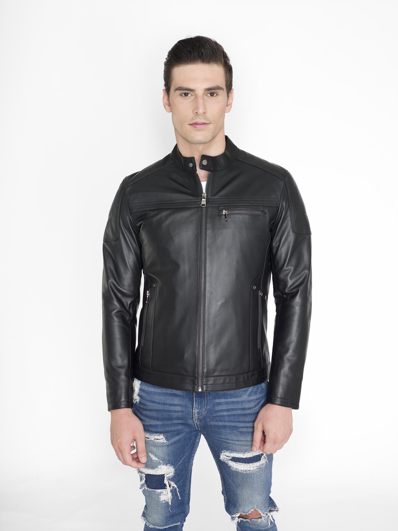 Slim Fit Dik Yaka Gerçek Deri Mont