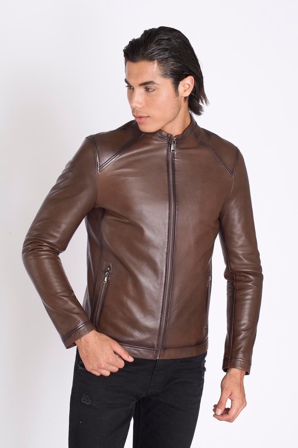 Slim  Fit Sade Gerçek Deri Mont