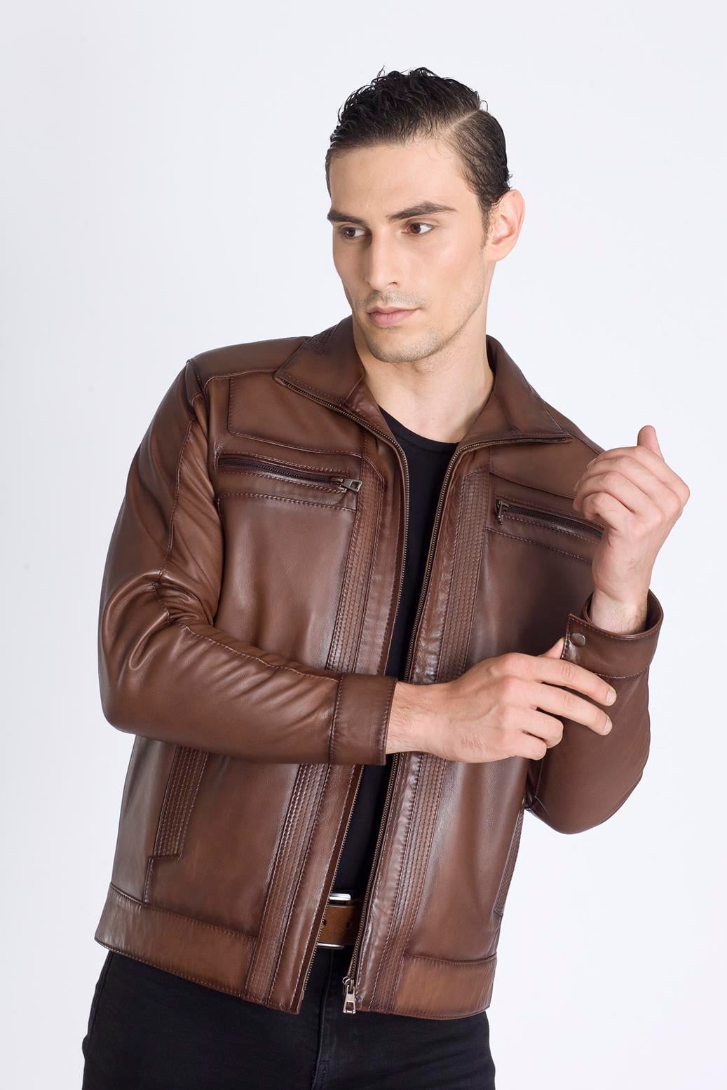 Yakalı Spor Hakiki Deri Mont