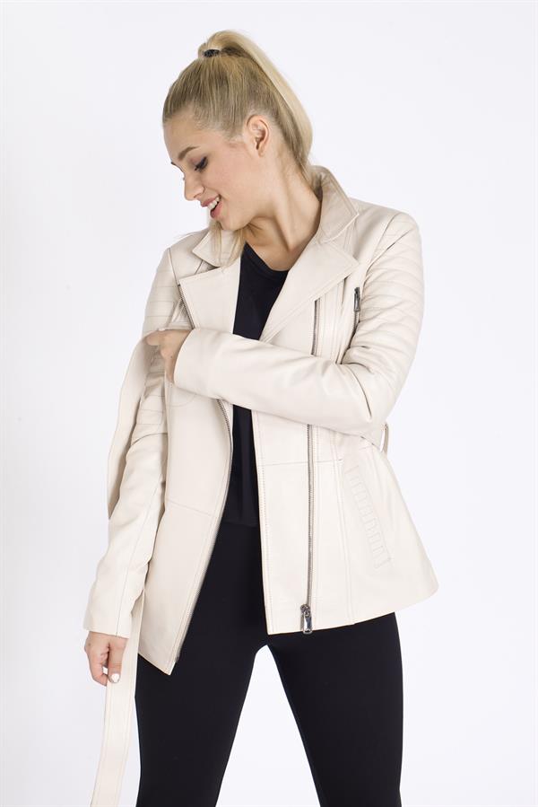 Bayan Bej Rengi Gerçek Deri Mont