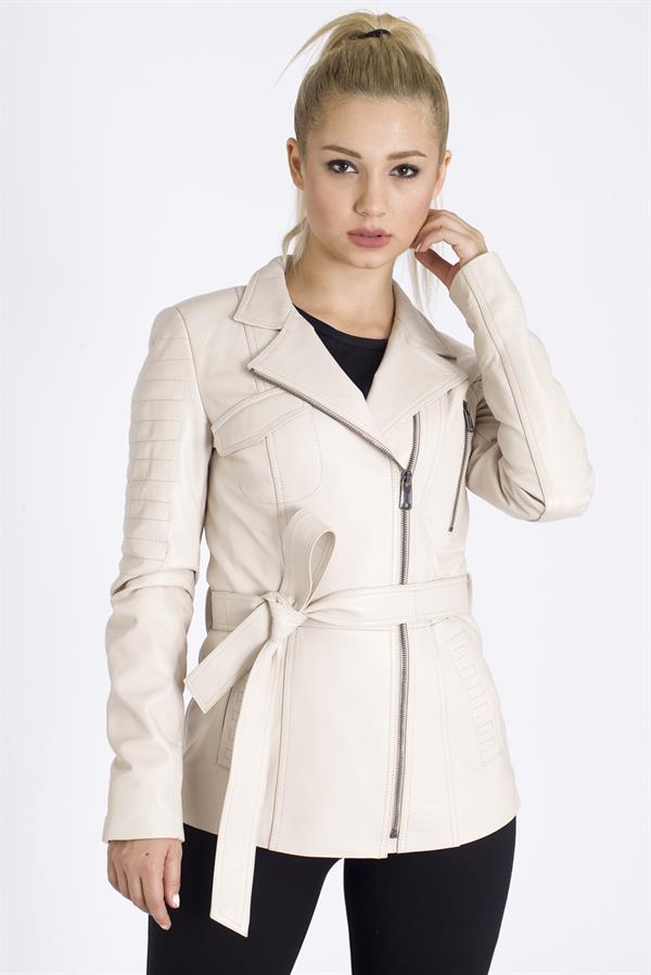 Bayan Bej Rengi Gerçek Deri Mont