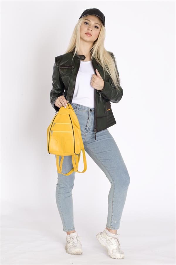 Bayan Hakim Yaka Yeşil Deri Mont