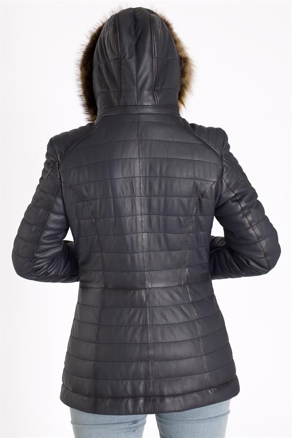 Bayan Kapşonlu Şişme Deri Mont