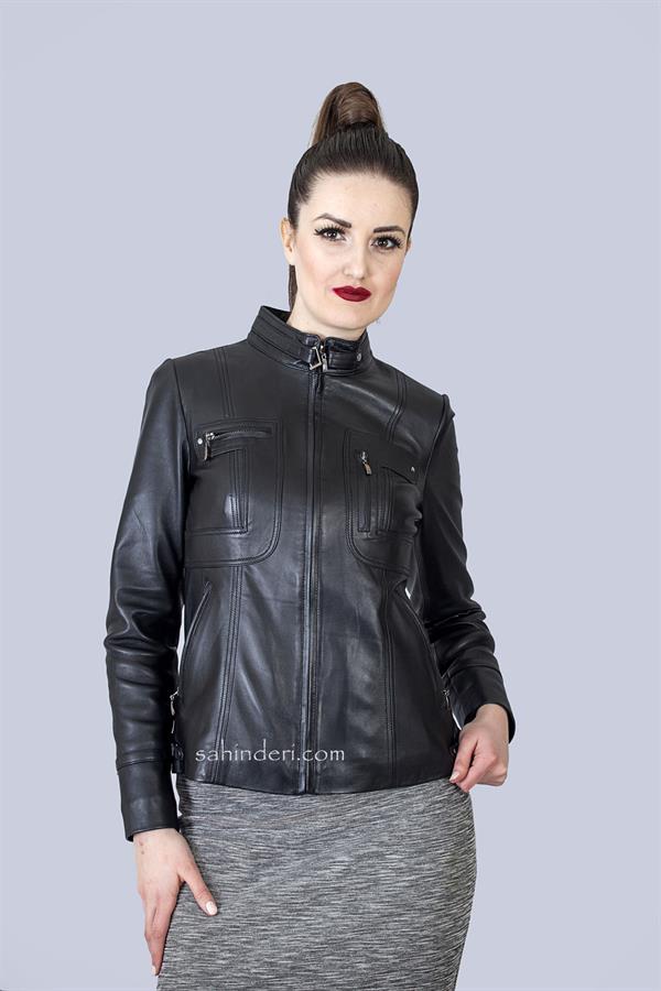 Bayan Kısa Siyah Hakiki Deri Mont