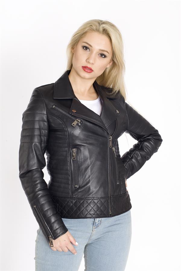 Bayan Siyah Motorcu Deri Mont