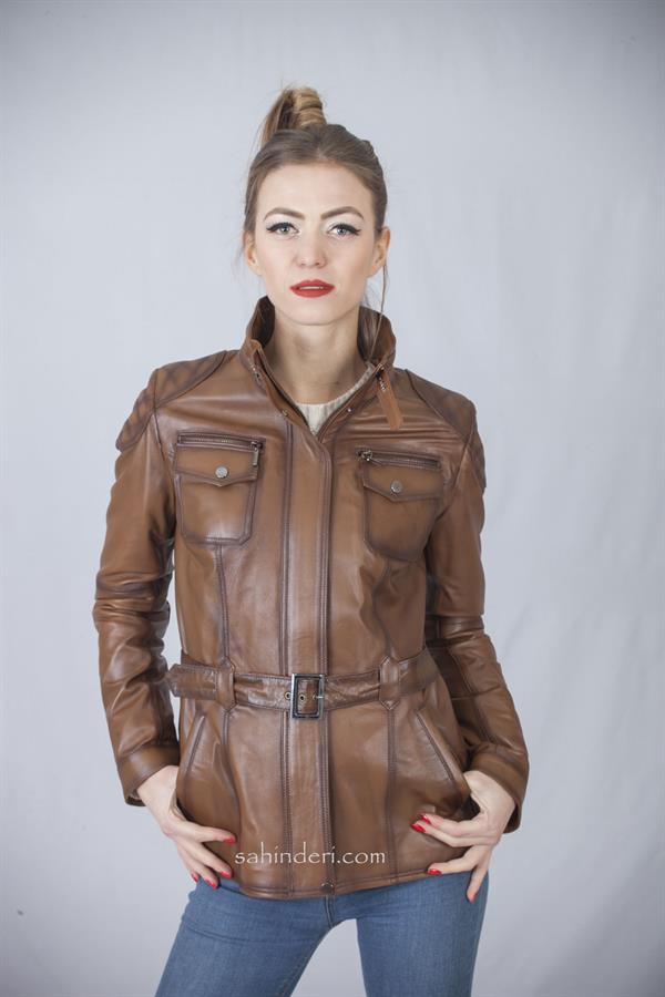 Bayan Taba Rengi Gerçek Deri Mont