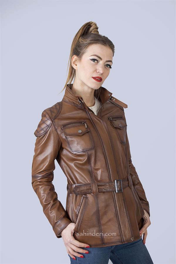 Bayan Taba Rengi Gerçek Deri Mont