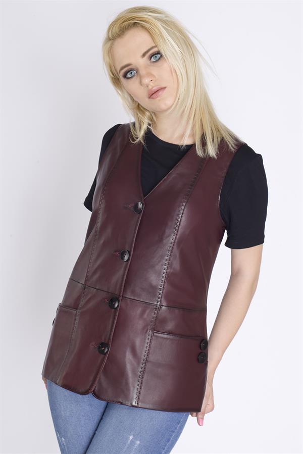 Bayan Uzun Bordo Deri Yelek