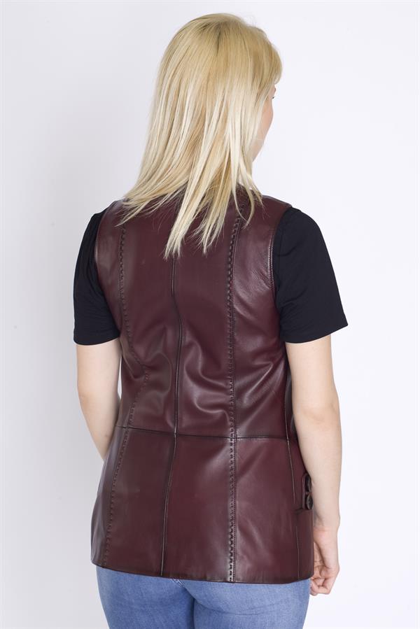 Bayan Uzun Bordo Deri Yelek
