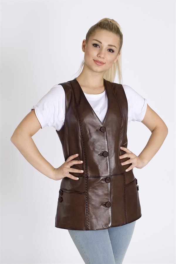 Bayan Uzun Hakiki Deri Yelek