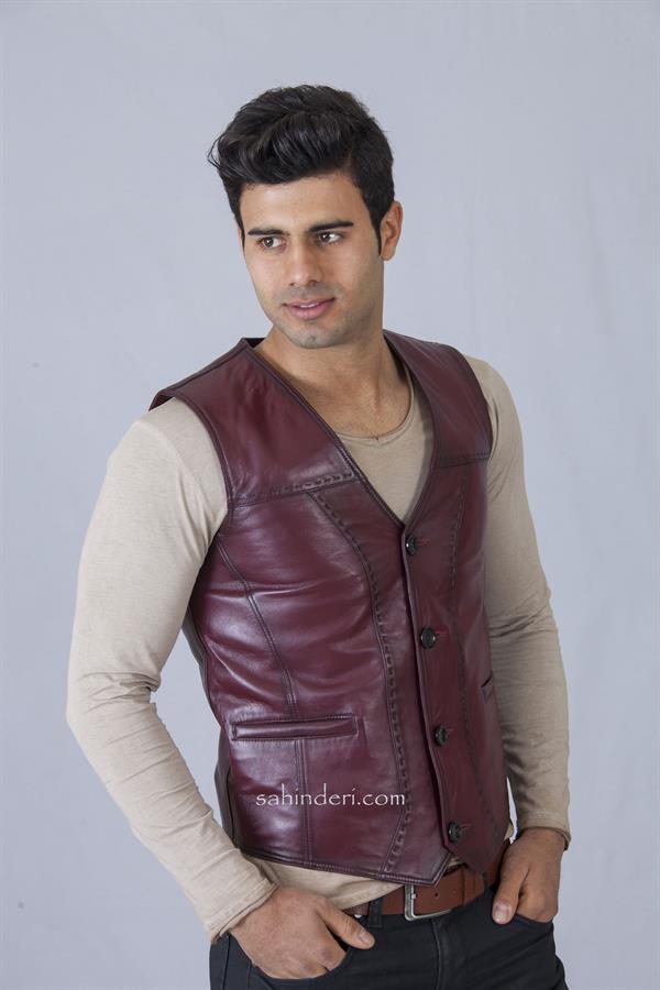 Bordo Erkek Deri Yelek