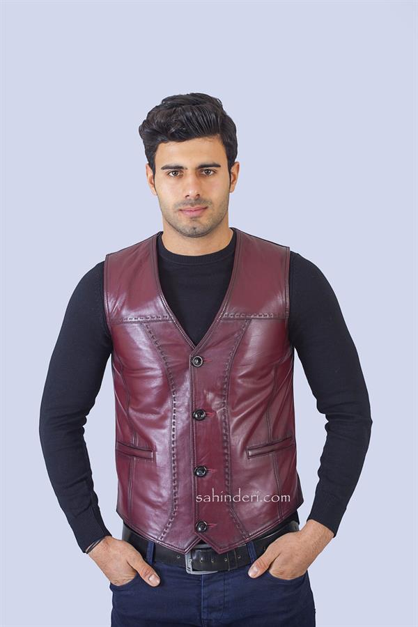 Bordo Erkek Deri Yelek