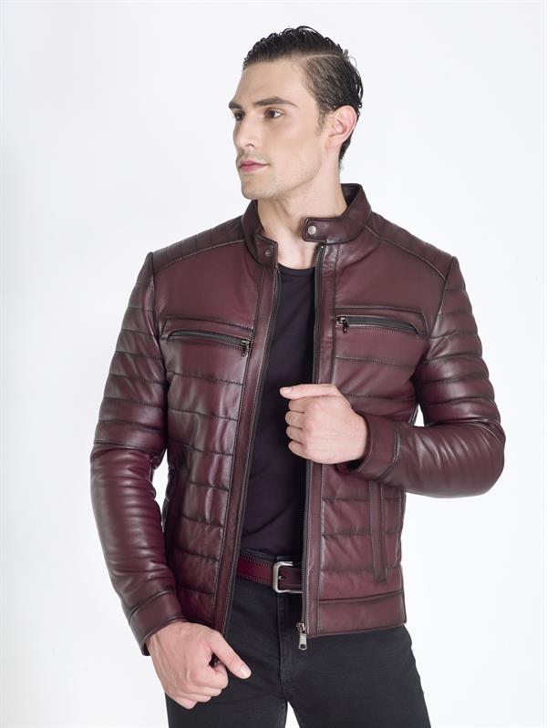 Bordo Erkek Spor Şişme Gerçek Deri Mont