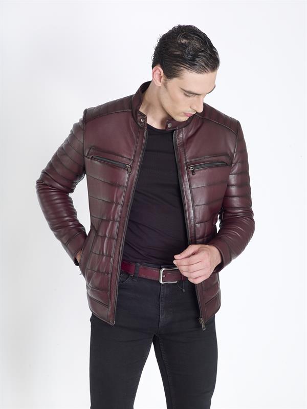 Bordo Erkek Spor Şişme Gerçek Deri Mont