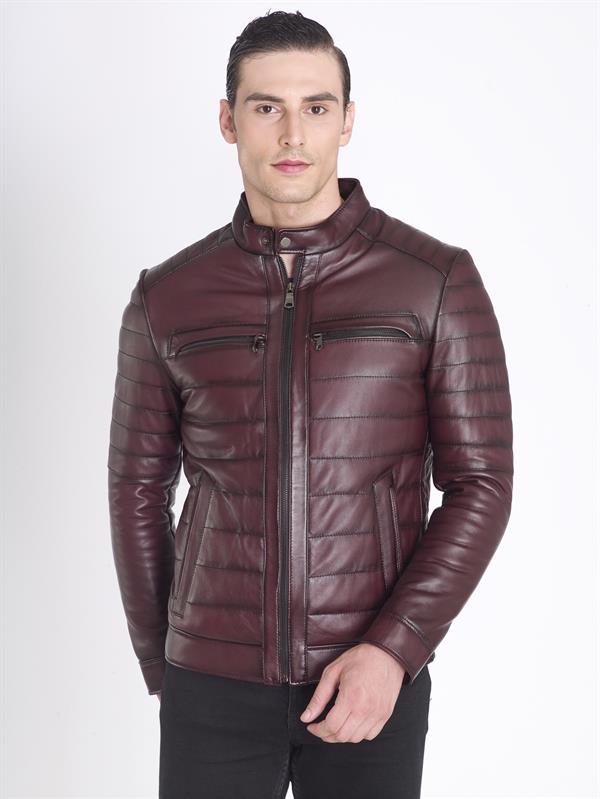 Bordo Erkek Spor Şişme Gerçek Deri Mont