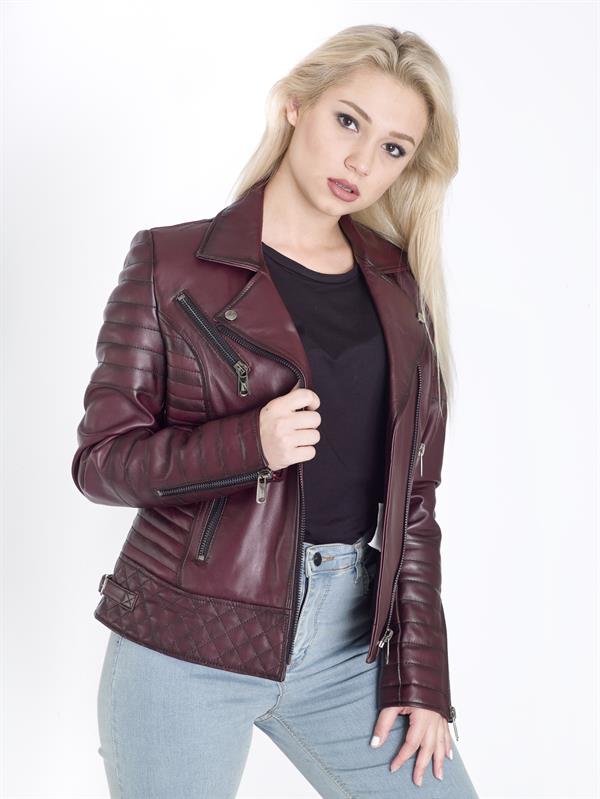 Bordo Motorcu Gerçek Deri Mont