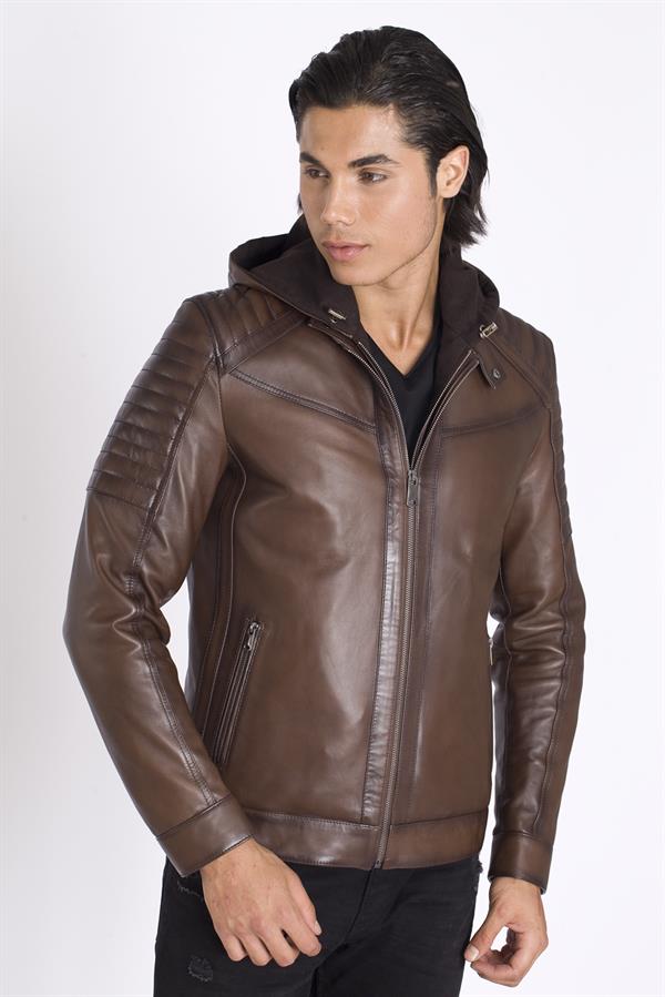 Deri Kapşonlu Erkek Deri Mont