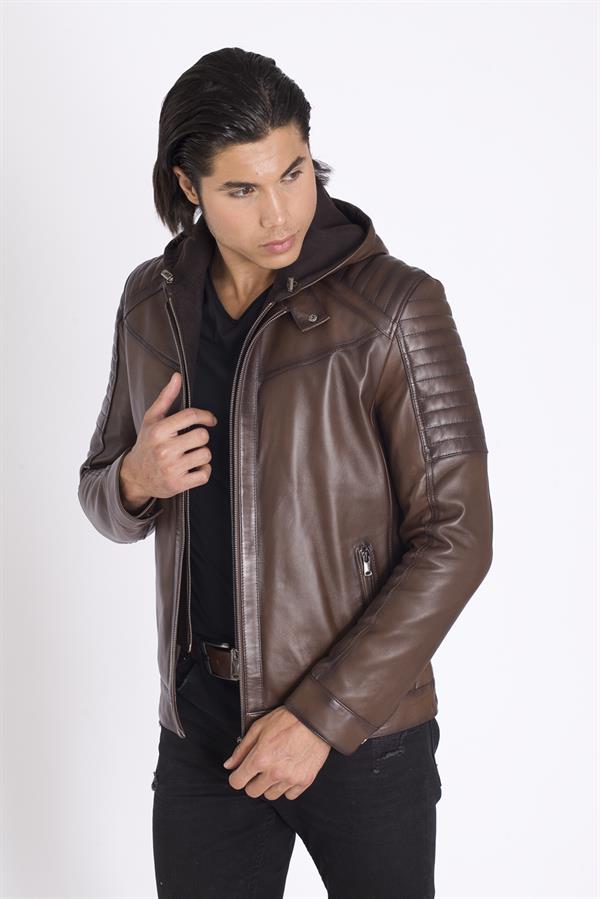 Deri Kapşonlu Erkek Deri Mont