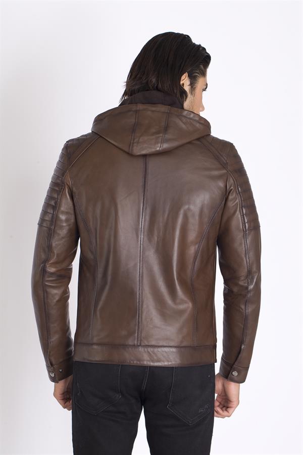 Deri Kapşonlu Erkek Deri Mont