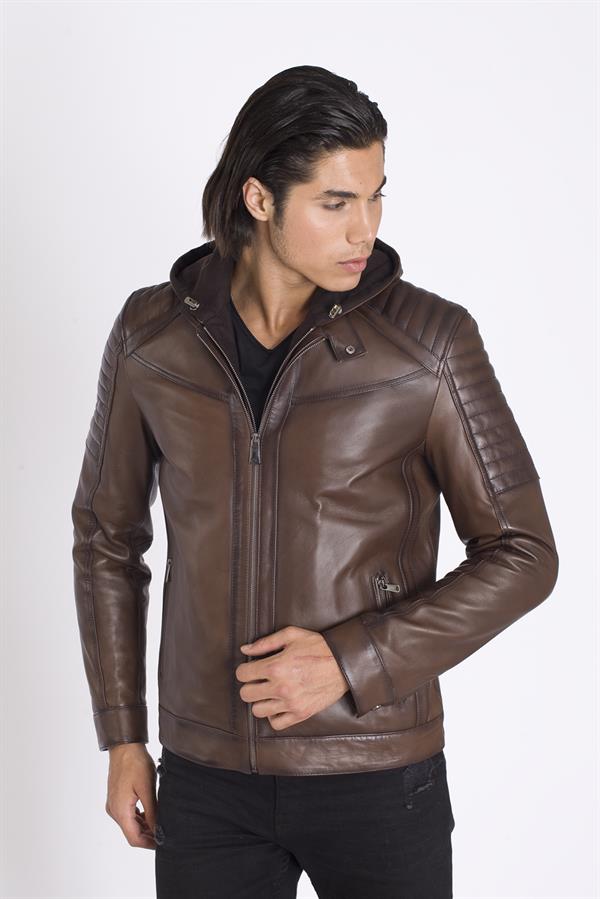 Deri Kapşonlu Erkek Deri Mont