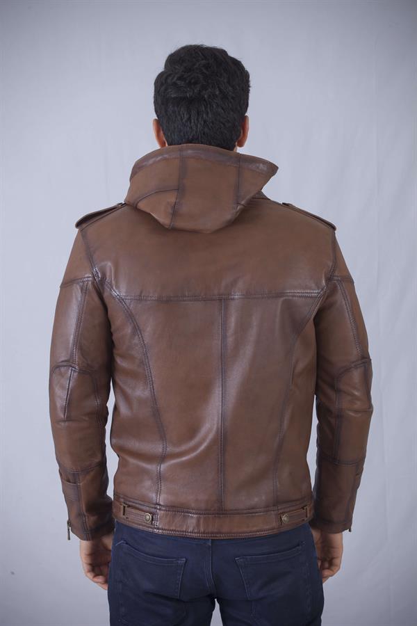 Deri Kapşonlu Spor Erkek Deri Mont