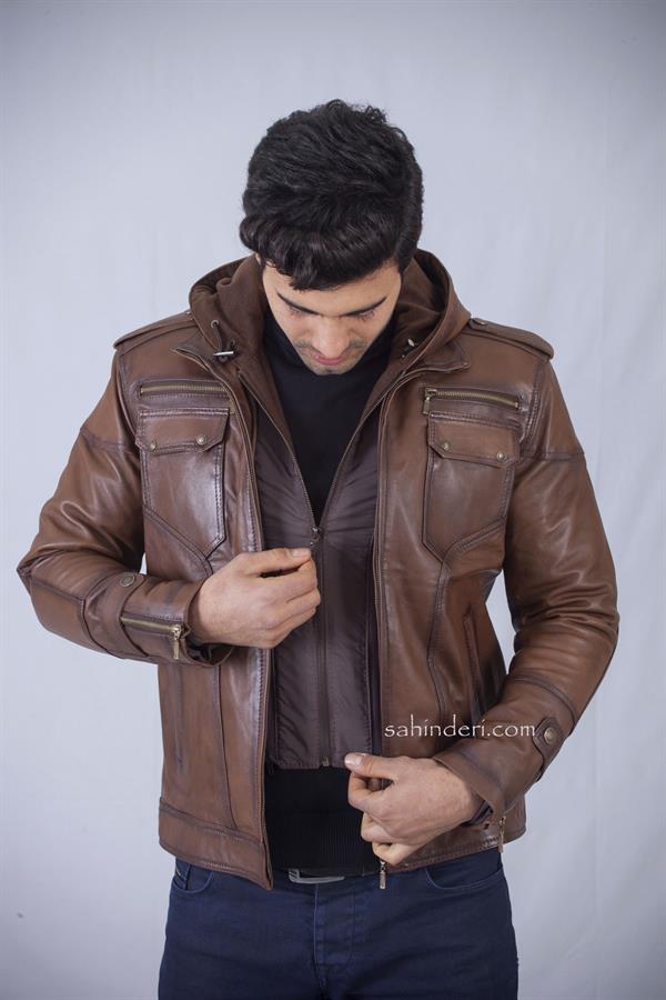 Deri Kapşonlu Spor Erkek Deri Mont