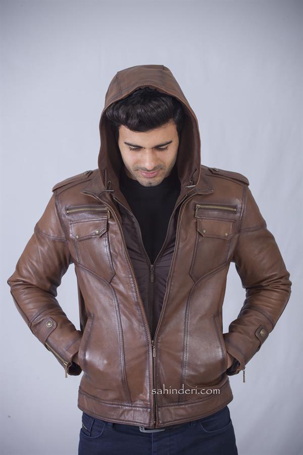Deri Kapşonlu Spor Erkek Deri Mont
