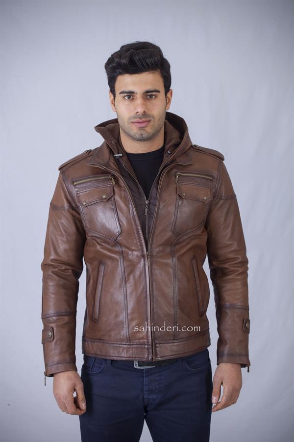 Deri Kapşonlu Spor Erkek Deri Mont