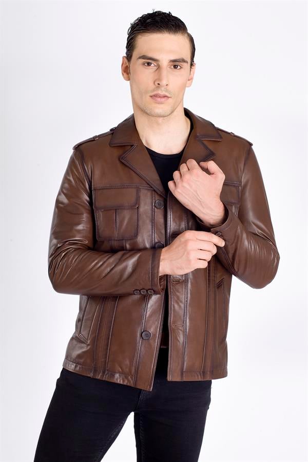 Erkek Apoletli Deri Ceket