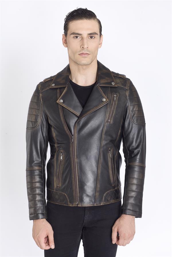 Erkek Eskitme Motorcu Deri Mont