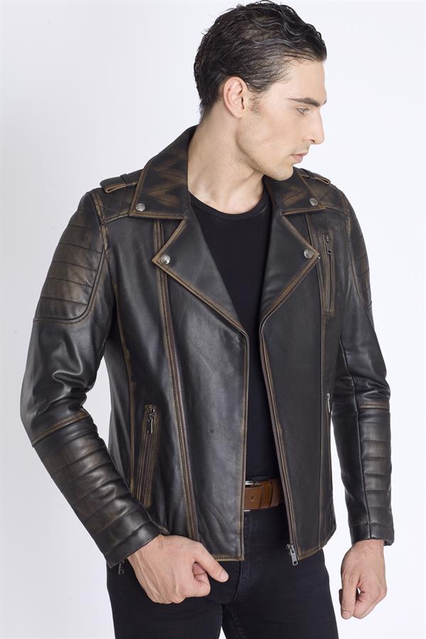 Erkek Eskitme Motorcu Deri Mont
