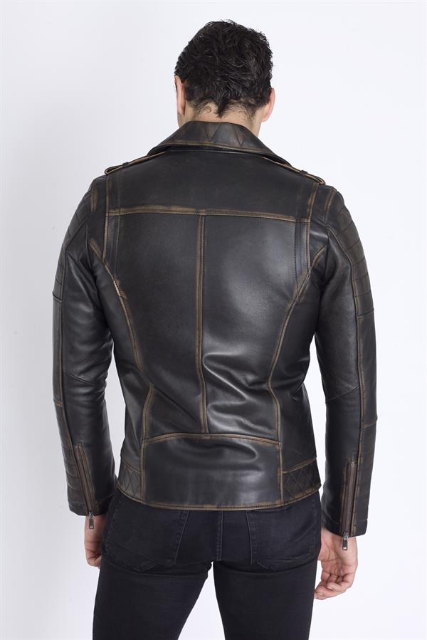 Erkek Eskitme Motorcu Deri Mont
