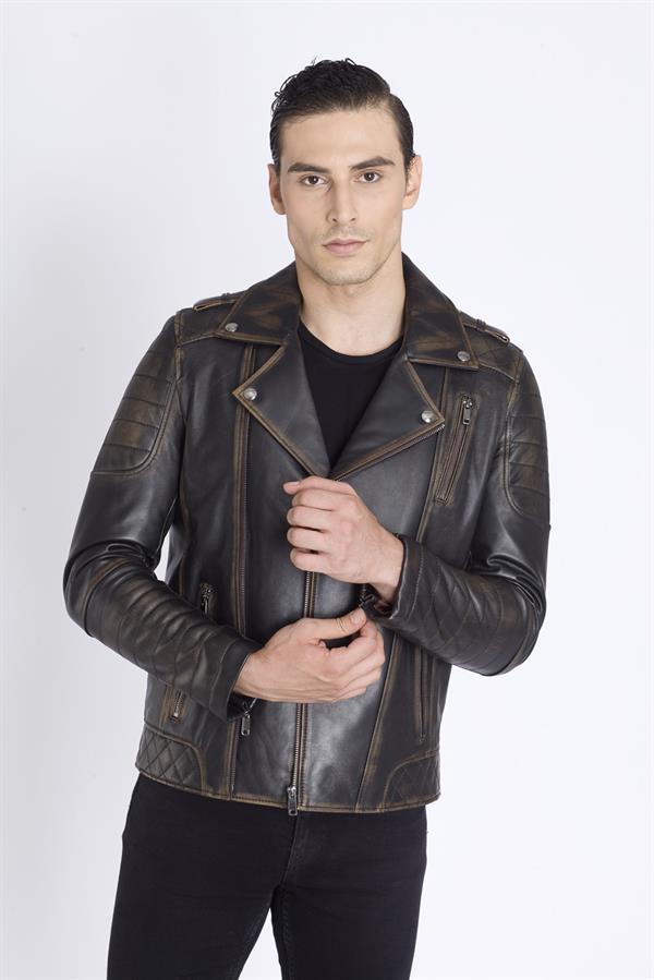 Erkek Eskitme Motorcu Deri Mont